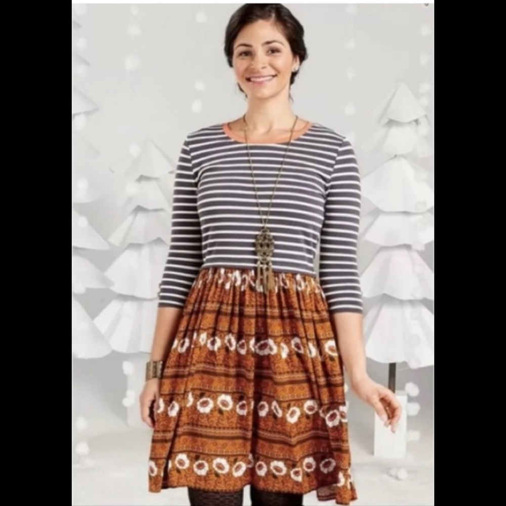 MATILDA JANE Women's Winsome Striped Floral Crew Neck Dress Grey Orange XS